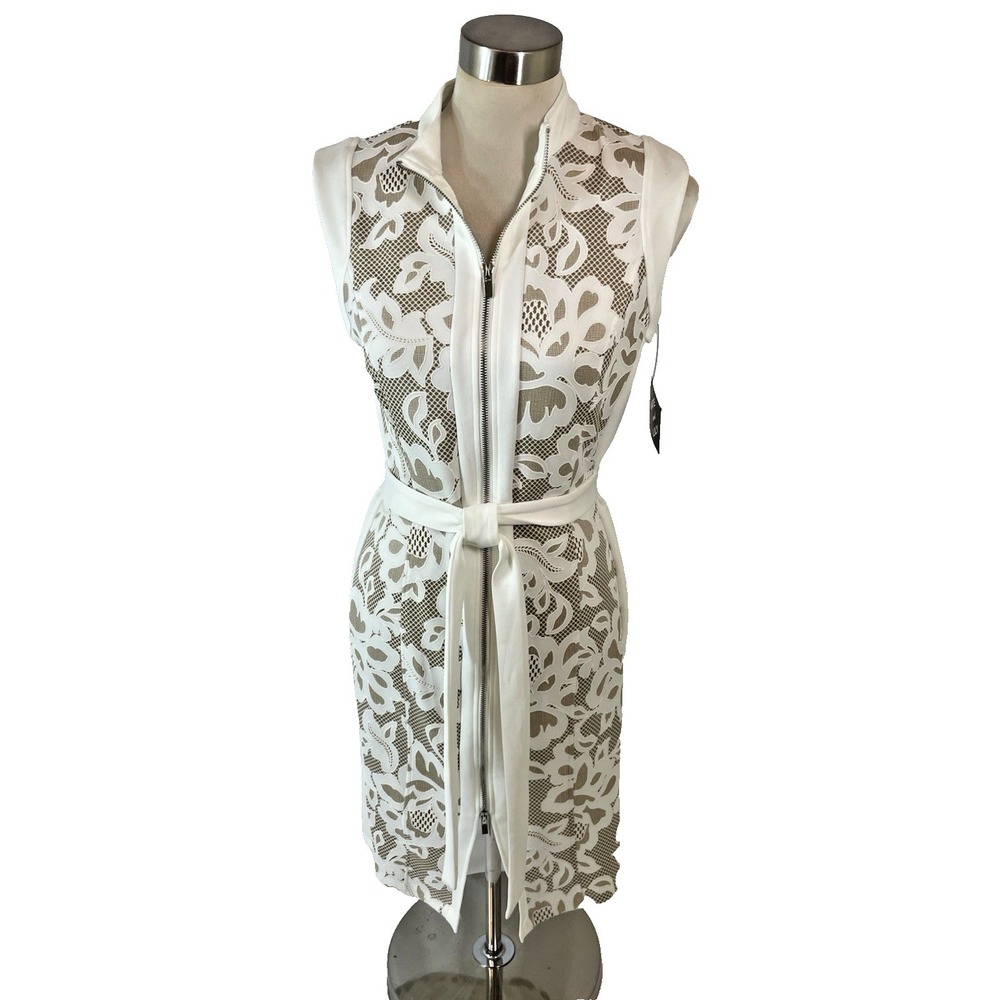 NWT Kate & Lily Beige Mock Lace Zip Front Belted Sleeveless Dress Size 8  New